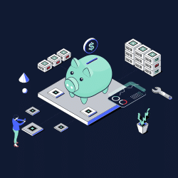 Isometric illustration of a piggy bank with a coin, cash stacks, and a laptop, representing savings and money management