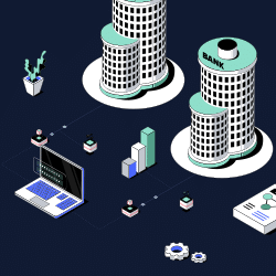 Isometric illustration of two bank buildings connected to a laptop, charts, and documents, representing banking data connectivity