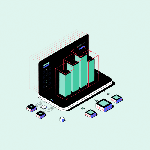 Isometric illustration of a laptop displaying a 3D bar chart connected to data storage units, representing data analytics