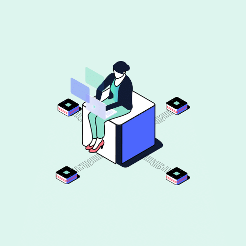 Isometric illustration of a person using a laptop while sitting on a server block connected to data storage units