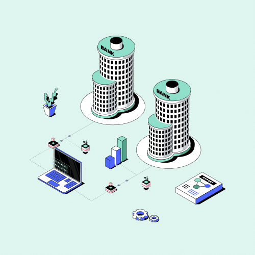 Isometric illustration of two bank buildings connected to a laptop, charts, and documents, representing banking data connectivity