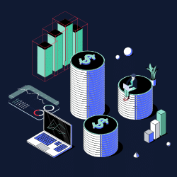 Isometric illustration of stacked dollar coins, a laptop, and bar charts representing financial growth and analysis
