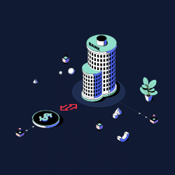 Isometric illustration of a bank building surrounded by financial data and connectivity icons